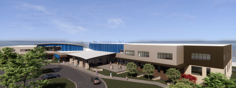 Exterior elevation of the front entryway of a new elementary school