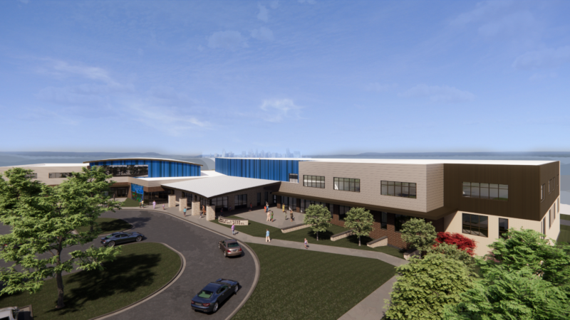 Exterior elevation of the front entryway of a new elementary school